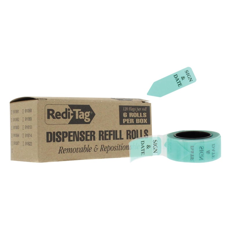 Redi-Tag Arrow Message Flag Refills, Please Sign & Date, Mint, Reversible Flags, 120 Per Roll, 6 Rolls, 720 Flags Total, 1-3/4" x 9/16" (B91401) - Image 1